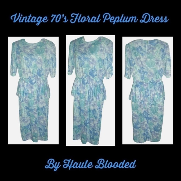 Vintage 70's TF Floral Peplum Dress Carrie Bradshaw Vibe Blue Flower Cottagecore - Picture 1 of 11